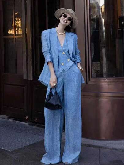 时尚气质全套干练轻奢高端蓝色时尚马甲套装阔腿裤女士西装套装