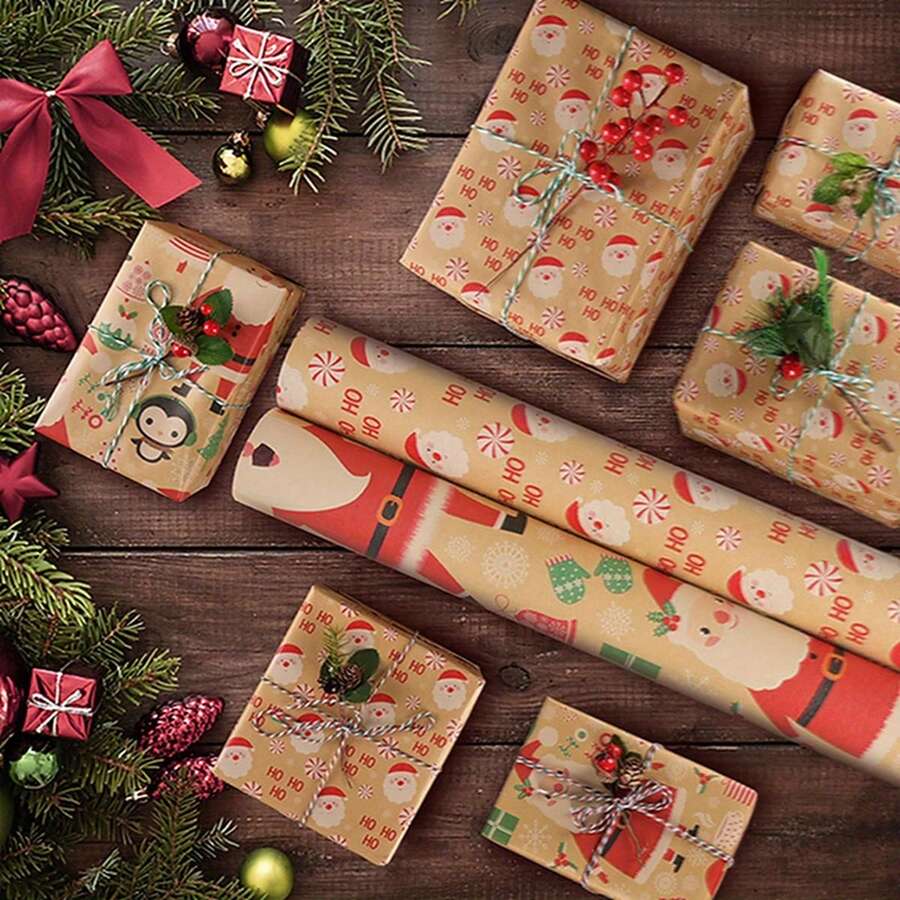 2 Rollen Weihnachtsmann Geschenkpapier, Kraftpapier Geschenkpapierrollen, Feiertags-Geschenk, Party Dekoration, ideal für Winter, Weihnachtsdekoration, Geschenkpapier