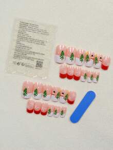 24 piezas Pegatinas de uñas cuadradas cortas con diseños navideños de Árbol de Navidad, Muñeco de Nieve y Copos de Nieve en color rojo, adecuado para uso diario, citas y fiestas de mujeres (Incluye: 1 pieza de pegamento de gelatina y 1 lima) - Multicolor - Ver 3