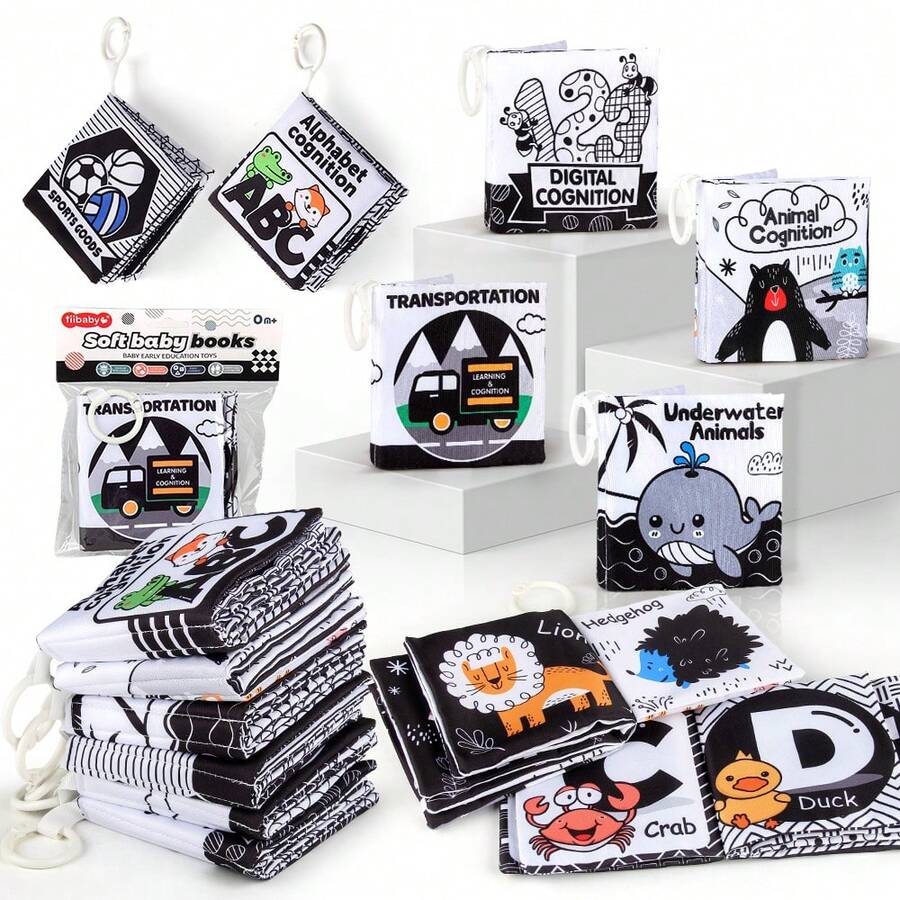 1Pc Black And White Baby Cloth Book For Toddler,Stroller And Crib Hanging Toy,Animal/Fruit/Alphabet/Number Theme,Early Learning Cloth Book For Infant