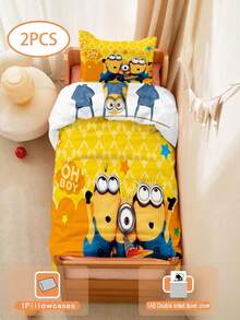 Minions 1/2 Peças Conjunto de Roupa de Cama com Tema Minions, Impressão 3D Dupla Face (1 Fronha Impressa em 1 Lado + 1 Edredom Impresso em 2 Lados), Conjunto para Berçário/Jardim de Infância, Edredom com Estampa Fofa Impressa Digitalmente, Roupa de Cama com Fronha para Crianças Pequenas, Bebês, Recém-Nascidos, Tamanho da Fronha 33 x 45