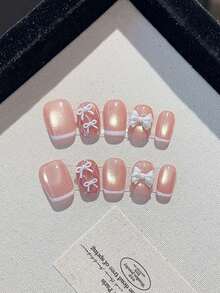 升级您的风格，手工按压式指甲套装短方形法式心形简约果冻粉色美甲套装，适合派对、婚礼或日常佩戴的长指甲，包括 2 块果冻凝胶和 1 个缓冲剂 - 淺粉色 - 查看 3