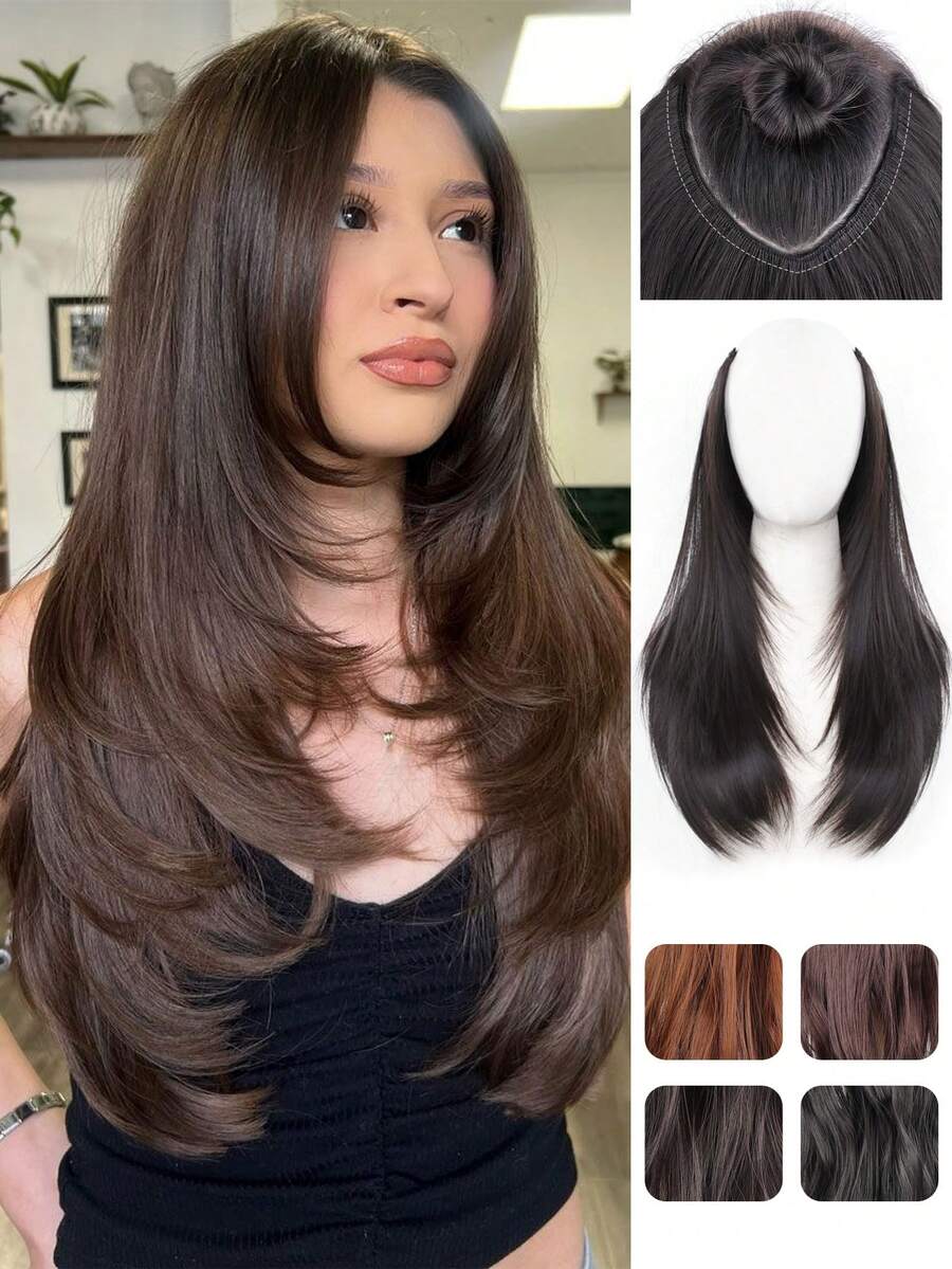 16 英寸长层次接发合成夹式接发棕色黑色深棕色假发耐热天然假发女士日常佩戴 1 件