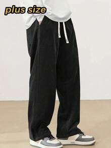 加大码男士灯芯绒直筒复古裤，抽绳松紧腰，适合休闲、运动、徒步穿着，春秋季黑色 - 黑色 - 查看 5