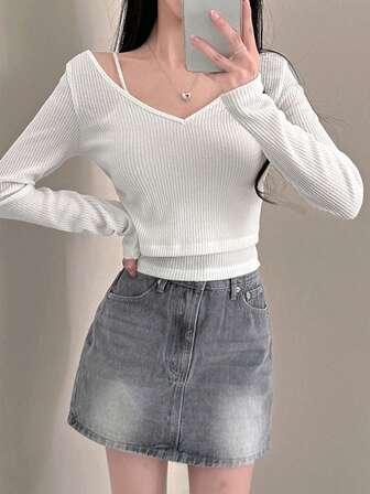 2pcs/Set Sweet Elegant Solid Color Knitted Top + Knitted Camisole, Spring/Autumn 2025