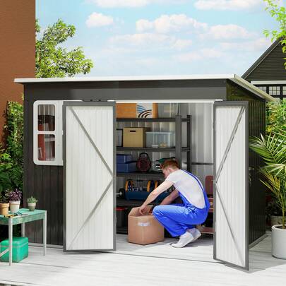 Outsunny 8.5' X 6' Outdoor Storage Shed With Window And Lockable Wide Door, Galvanised Steel Garden Shed With Air Vents For Outdoor Patio, Dark Grey
