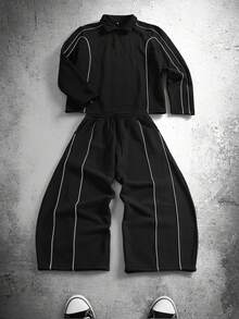 Herren Lässig Reißverschluss Schwarz Trainingsanzug, Loose Fit Sport 2 Stücke Set