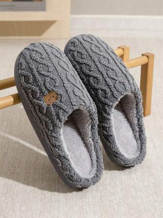 Couple's Cute Bear Decor Simple Textured Warm Knitted Slippers, Unisex Indoor Slippers For Home, Office, Bedroom, Autumn/Winter