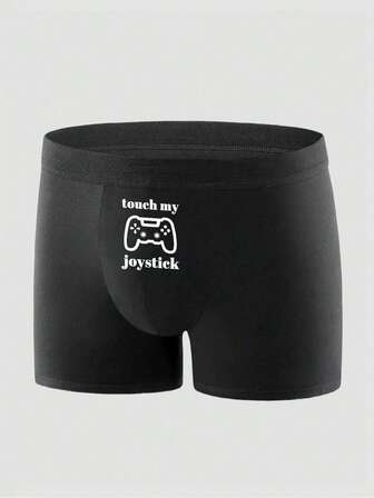 1 Piece Men's Black Boxer Briefs With Amusing "Touch My Joystick" Pattern And Game Controller Print, Soft, Skin-Friendly And Breathable, Daily Home Underwear, No Restriction For Sports And Fitness, Perfect Gift For Game Enthusiasts