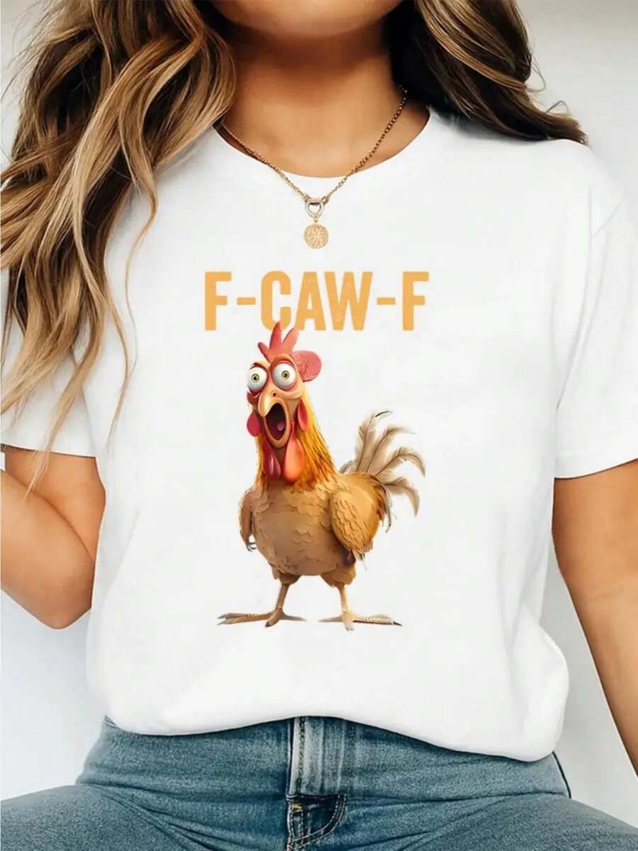 100% single-sided pure cotton, autumn and winter women's T-shirt, casual and fashionable, moisture wicking, printed with funny chicken dance print, machine washable, Y2K millennium style cotton T-shirt, graphic round neck, comfortable fabric, fashionable design for sports occasions - Blanco - Ver 1