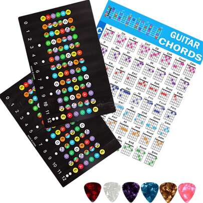 9pcs Guitar Chord Mastery Poster Set: Guitar Chord Charts, Scale Stickers, Guitar Picks, Complete Fretboard Stickers And Melody Aids, Comprehensive Cheat Sheets, Combining Visual Learning And Music Theory To Quickly Improve Guitar Skills, Guitar Accessories, Gifts For Beginners And Guitarists, Suitable For Guitar Learning Tools, Musical Instrument Accessories, Guitar Aids, Music Classroom Supplies, Music Accessories, Holiday Gifts, Birthday Gifts, Guitar Decor.