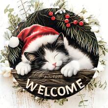1pc Christmas Gift For Cat Lovers, Comfortable Sleeping Cat Wooden Welcome Sign, 20cm Round Festive Hanging Decoration On The Front Door Wall, Festive Home Home Decoration, Great Gift For Friends