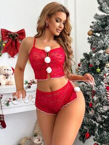 2 Pieces Women's Red,Christmas,Hollow Out,Side Slit Pants,Sheer,Sexy Lingerie Set - Red - View 3