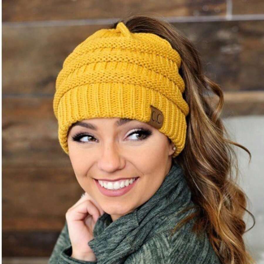 Lazy Ponytail Hole Design, Knitted Ponytail Hat For Women In Autumn And Winter, Lazy Wind Wool Hat, Versatile And Warm - 米色 - 查看 1