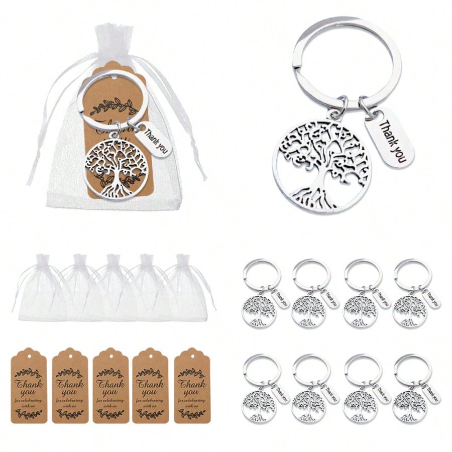 10pcs/20pcs Tree Of Life Keychains Bulk - Metal Tree Keyrings With Organza Bags & Thank You Tags, Wedding Favors/Bridal Shower Party Gifts Christmas Bag Charms Car Accessories Teacher Friend Sister Gift Ideas