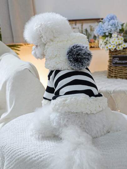 1pc Pet Clothes, Dog/Cat Apparel For Small Dogs, Cute Pet Clothes, Dog Outfit, Warm & Comfortable Striped Hoodie - Black & White Stripes