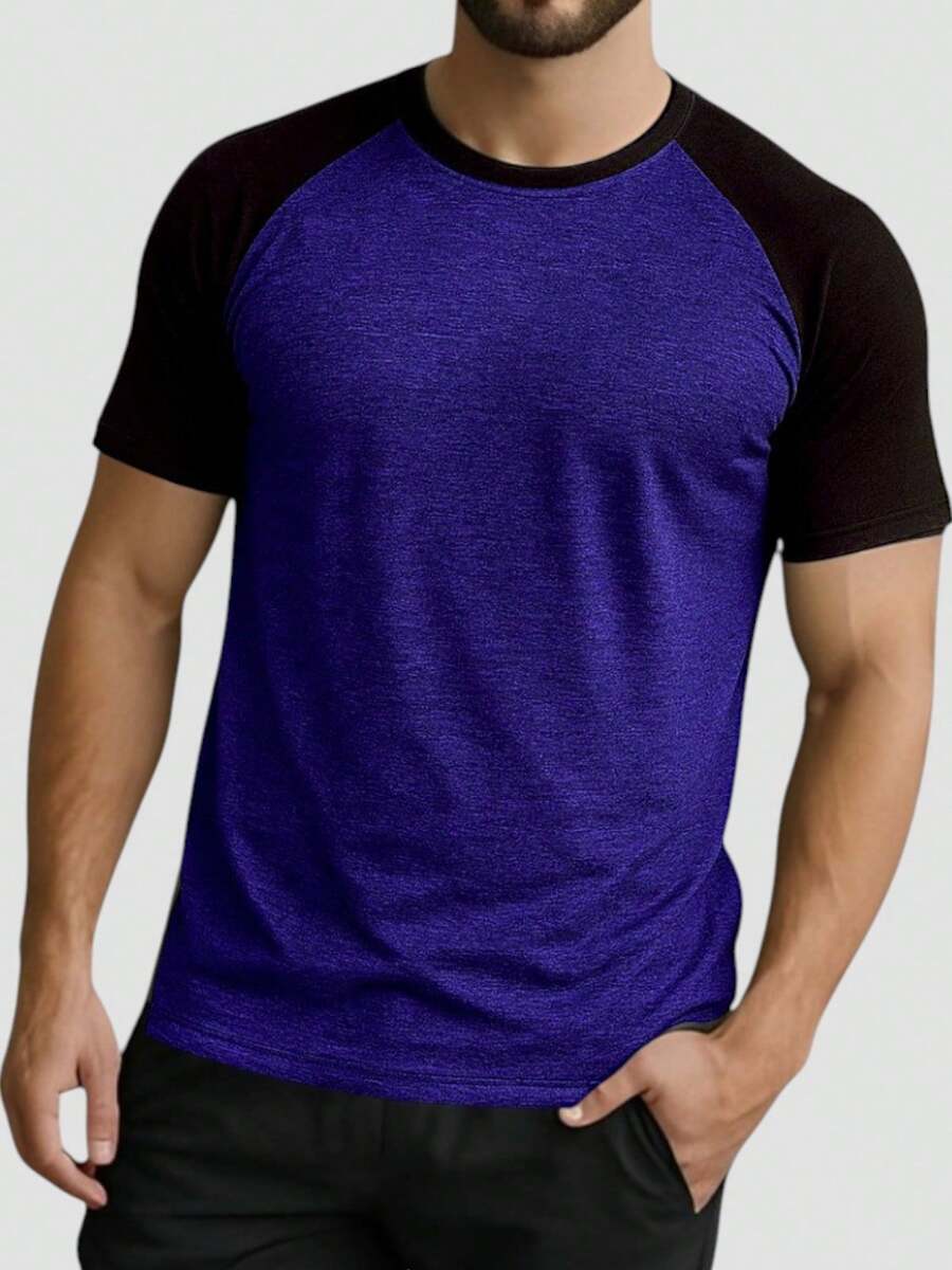 Men's Raglan Dry Fit Gym Fitness Two-Color Workout T-Shirt - Hỗn hợp xanh/đen - Xem 1