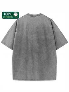 230g Vintage Washed Round Neck Men's Short-Sleeved Shirt, Cartoon Black Cat Pattern Printing Focusing On Playing Games, Running T-Shirt, Street Short-Sleeved Shirt, Retro Gym Sportswear, Men's T-Shirt. - Xám - Xem 2