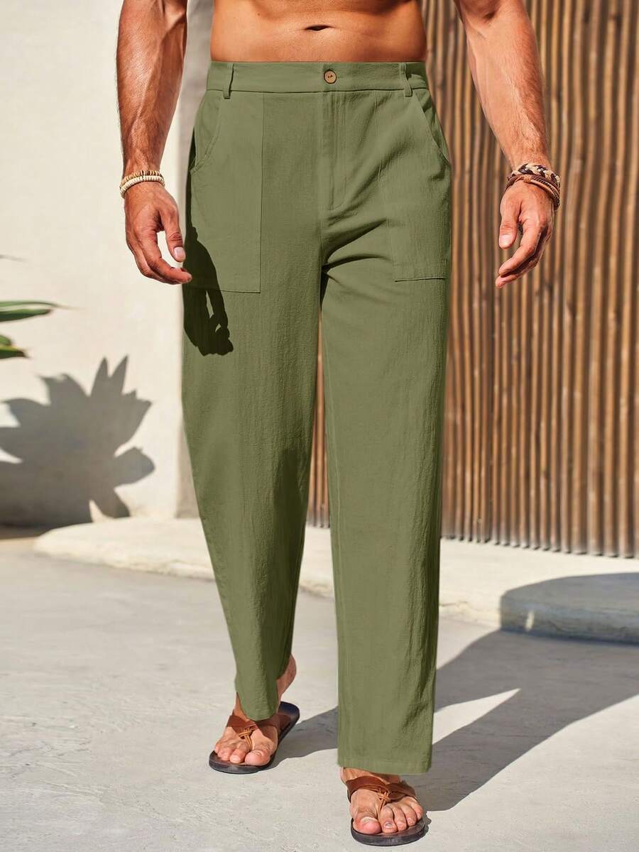 Runcati Men's Casual Loose Fit Cotton Linen Trousers Lightweight Elastic Waist Baggy Wide Leg Ideal For Summer Beach & Yoga - 軍綠色 - 查看 1