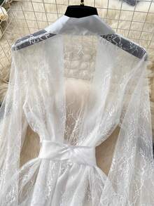 SOFUSEN 2 PCS Sheer Kimono Robe Lingerie Set With Belt,Long Sleeve Transparent Mesh Cover Up Deep V Front,Long Lace Robe For Women, Photoshoot, Valentine's   Gift,   Costume - trắng - Xem 2