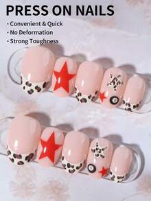 24片装Eightball Nails短款椭圆形豹纹美甲贴纸，星形亚克力按压式美甲贴片，包含1瓶果冻胶和1把指甲锉。Eightball短款美甲贴纸让您的指尖闪耀动人，适合派对、舞蹈和日常使用。 - 彩色 - 查看 2