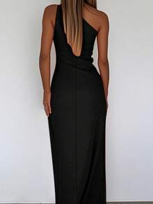 Onicee夏季连衣裙，黑色性感纯色优雅开衩荷叶边不对称肩部女士连衣裙，适合情人节、约会、聚会、派对、旅行、度假、海滩等场合。 - 黑色 - 查看 3