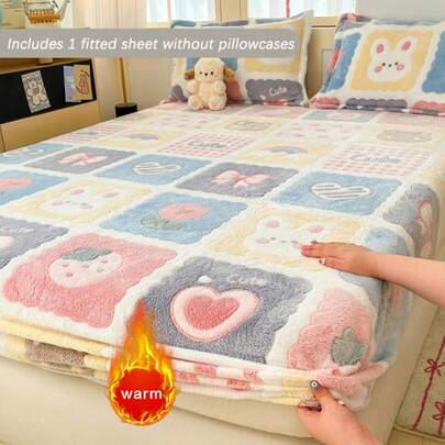 1pc Cartoon Print Flannel Fitted Sheet, Soft & Comfortable, Skin-Friendly & Breathable, Fashionable & Fresh Bedding, Mattress Protector, Suitable For Hotel, Bedroom, Dorm, All Seasons