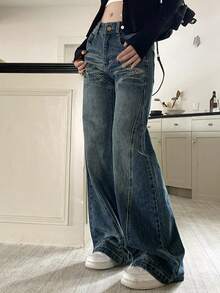 Pantalones vaqueros de las mujeres de diseño vintage sentido empalme micro bengala, versátil cintura baja chica caliente pantalones de arrastre delgado - Azul - Ver 2