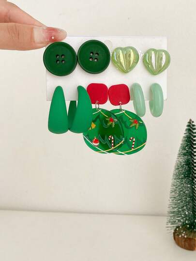 1 Set de 5 Pares de Nuevos Aretes de Moda Exagerados de Corazón y Flor, Moneda Vintage, Geométricos de Acrílico, Adecuados para Mujeres, Día de la Madre, San Valentín, Navidad, Año Nuevo, Uso Diario