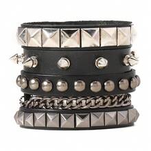 3 pezzi Bracciale in pelle stile punk da uomo multistrato, con rivetti personalizzati e polsino a catena
