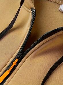 Men's Casual Hooded Zipper Cardigan Jacket - Lightweight Loose Solid Color With Front Pocket And Orange Accents, Suitable For Spring And Autumn, Daily Casual Durable Comfortable Coat - 卡其色 - 查看 3