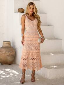 Women's Midi Dress, Lace Tricot, Party, Beach, Sophisticated, New Year's Eve, Christmas, Holidays, Beach, Wedding, Godmother - 珊瑚橙 - 查看 8
