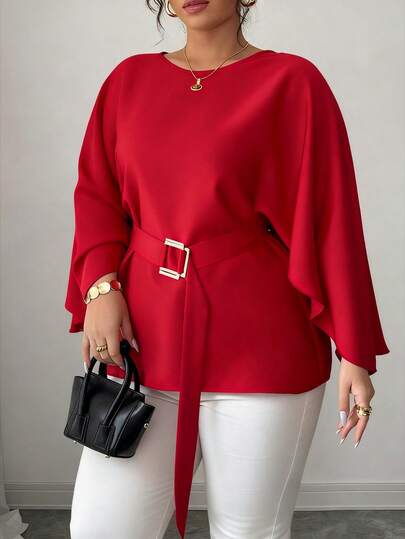 Women's Plus Size Red Poncho Sleeve Knit Sweater Top With Belt, Regular Length, Suitable For Office, Daily Wear, Festivals All Year Round, Christmas