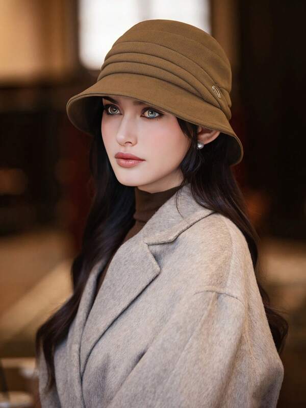 1pc Women's Autumn/Winter Bucket Hat, Casual Elegant Retro Street Fashion Versatile High-End Round Top French Vintage Elegant Hat, Suitable For Daily Outings, Gatherings, Shopping, Outdoor Activities, Skiing, Cycling, Travel, Parties, And Daily Use