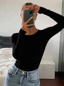 Livesso Women's Black Round Neck Long Sleeve Fitted Elegant Charming Gentle Sweet T-Shirt - Black - View 2