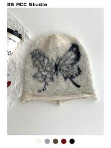 1 件蝴蝶纹理针织帽,超大号保暖羊毛混纺蝴蝶装饰休闲帽,男女通用秋冬耳暖帽 - 彩色 - 查看 2