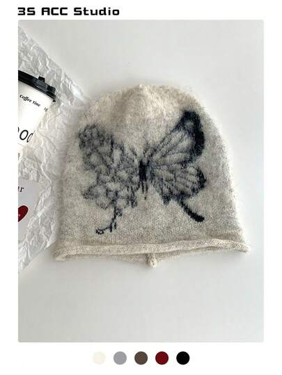 1 件蝴蝶纹理针织帽，超大号保暖羊毛混纺蝴蝶装饰休闲帽，男女通用秋冬耳暖帽