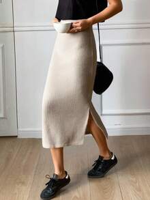 Livesso 开叉下摆罗纹针织毛衣裙 秋冬 - 杏色 - 查看 2