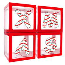 1 pieza Caja decorativa con globos con tema navideño, combinación de 26 elementos navideños en letras y caja transparente roja que se puede combinar para formar XMAS o JOY según los requisitos, para decoración de fiestas navideñas, adornos navideños, productos de combinación DIY navideños, regalos navideños, cajas de globos con tema navideño