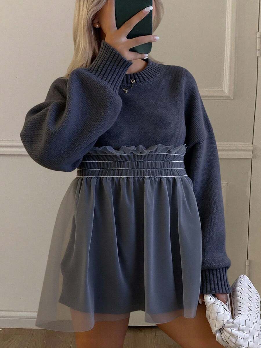 Livesso Plus Size Women's Knit Sweater With Sheer Mesh Patchwork, Thick & Oversized Fall,Winter - Grey - View 1