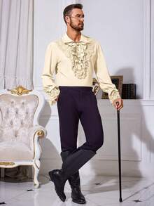 Runcati Men's Renaissance Pirate Shirt Ruffle Detail Victorian Vampire/Medieval Style Steampunk Gothic Lace Costume - 米色 - 查看 3
