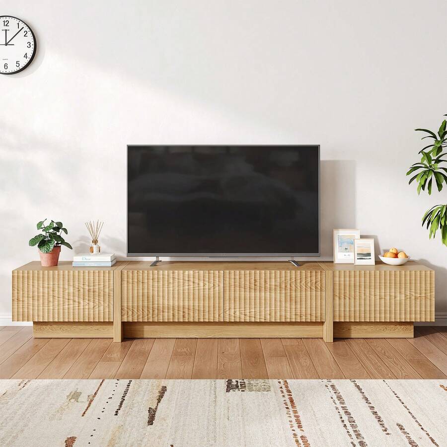 98'' Mid Century Modern TV Stand For Living Room, Bedroom, Wood TV Console With Storage, Entertainment Center With Drawers, Fluted TV Stand & Media Console With Cabinet, White, Natural - Natural Oak - 查看 1