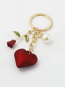 Street 1pc Creative & Fashionable Rose Faux Pearl Heart Shaped Keychain With Minimalist Resin Heart Keychain Pendant For Valentine'S Day Gift, Boyfriend Gift, Friend'S Birthday Gift Car Accessories Bag Charm School Faux Pearl Bag Accessories Lanyards With Id Holder Car Accessories Bag Charms - 紅色 - 查看 13