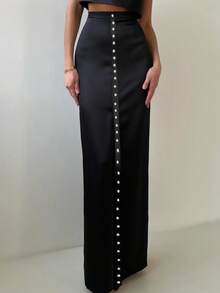 女士秋季纯黑色缎面简约休闲优雅性感纽扣高开衩半身裙，适合日常穿着、约会、通勤、夏季办公等场合。 - 黑色 - 查看 9