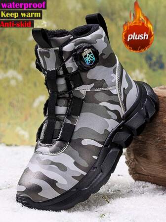 Botas de nieve 2025 nuevas con patrón de camuflaje, impermeables, con cordones, suela gruesa, cálidas y con forro de felpa, adecuadas para la calle, fiestas, equitación, superficies de hielo antideslizantes, botas para invierno