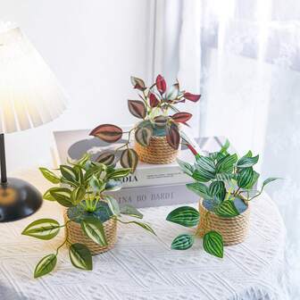 3 件套人造绿色花盆，配有人造植物，适用于厨房办公桌架桌面配件室内装饰。