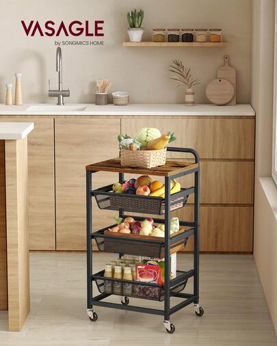 VASAGLE Carrello da Cucina a 4 Ripiani, con Cesti Scorrevoli, Carrellino da Cucina con Rotelle, con Maniglia, 31,7 x 40 x 76 cm, Marrone Vintage e Nero Inchiostro