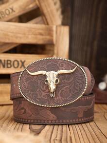 1条男士西部牛仔长角牛扣复古深棕色PU皮带，适合所有季节，夏季、学校休闲、商务、男友、丈夫、父亲等男士日常穿着，时尚百搭，青少年、户外、度假、运动、旅行、街头、波西米亚风、复古秋季、万圣节秋冬配饰，适合青少年、青年、男士、休闲、户外、运动、度假、毕业礼物、生日礼物、日常穿着 - 如圖 - 查看 17