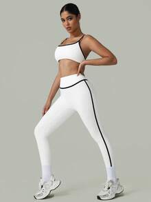 GOSOUER 2 件套 CO Ord 套装春夏女士时尚白色线条瑜伽运动文胸和紧身裤 - 白色 - 查看 6