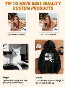 Customized Graphic Hoodie For Plus Size Men, Upload Your Photo/Friend/Family/Lover/Pet, Personalized Plus Size Hoodie, Birthday/Valentine's Day/Father's Day/Party Anniversary/Birthday Gift, Halloween/Christmas Holiday Personalized Photo Print, Long Sleeve Top - Black - View 4